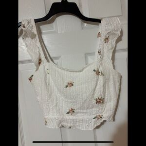 EUC Cropped White Lace Tank with Floral Embroidery